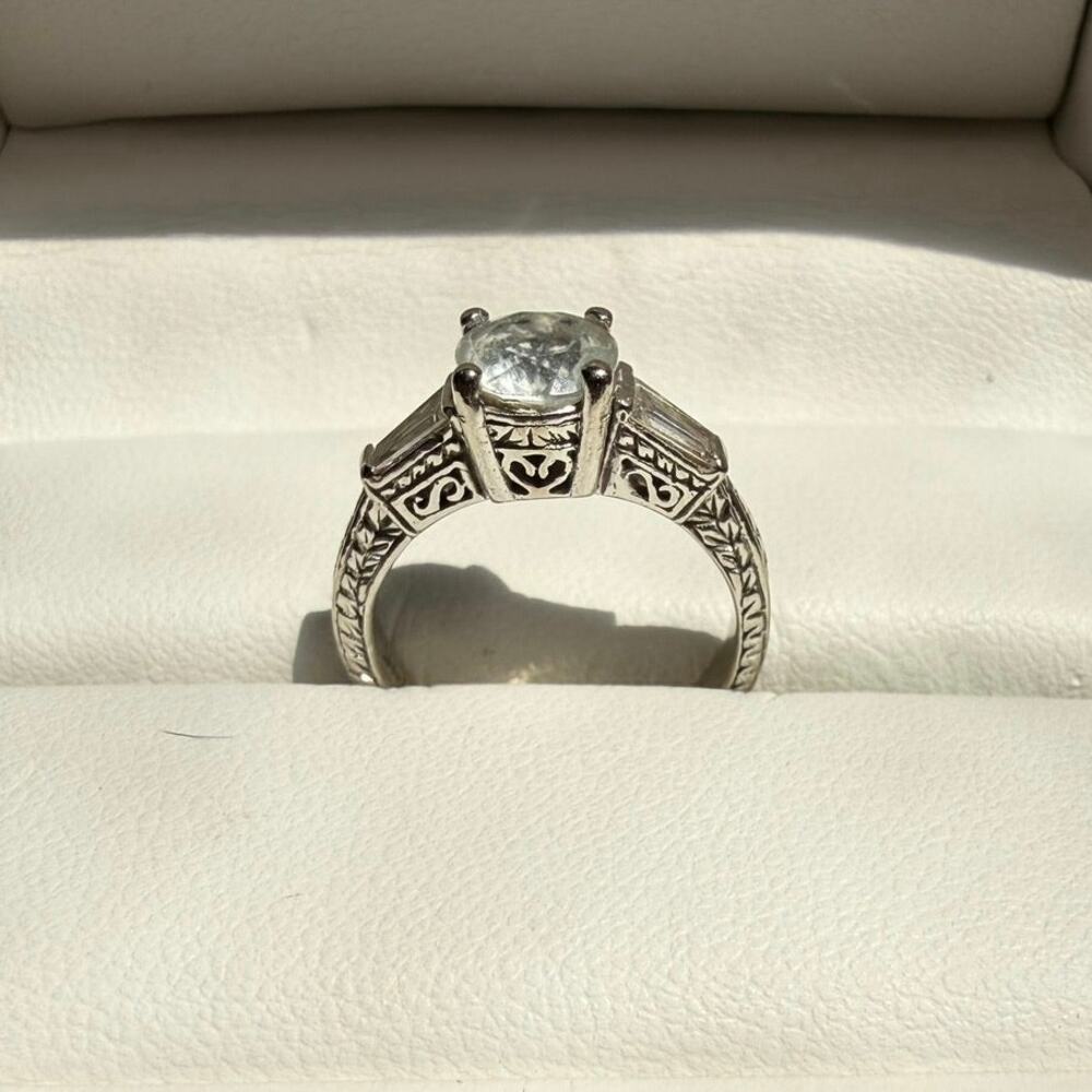 Filigree Art Deco Aquamarine and Diamond Ring in 14 Karat White Gold